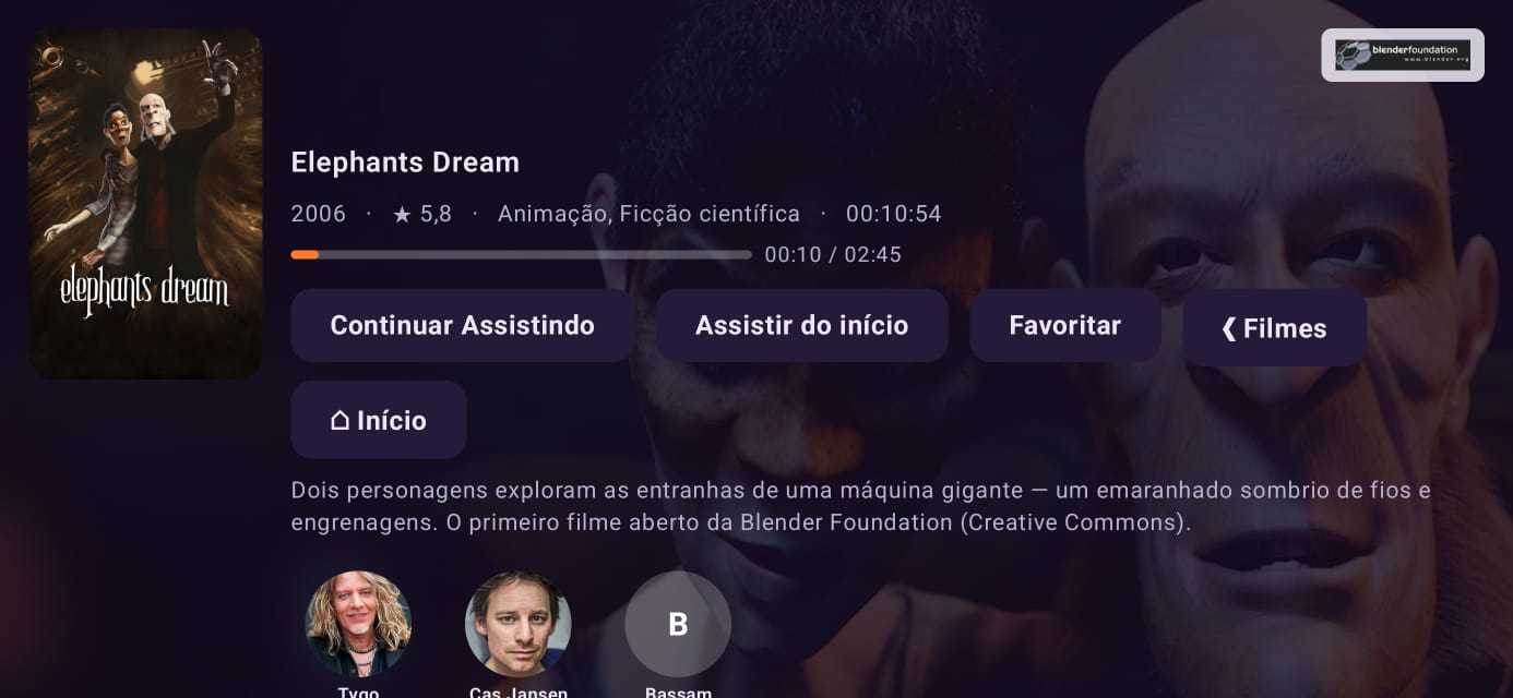 Tela de detalhes do filme com sinopse, nota, progresso e elenco